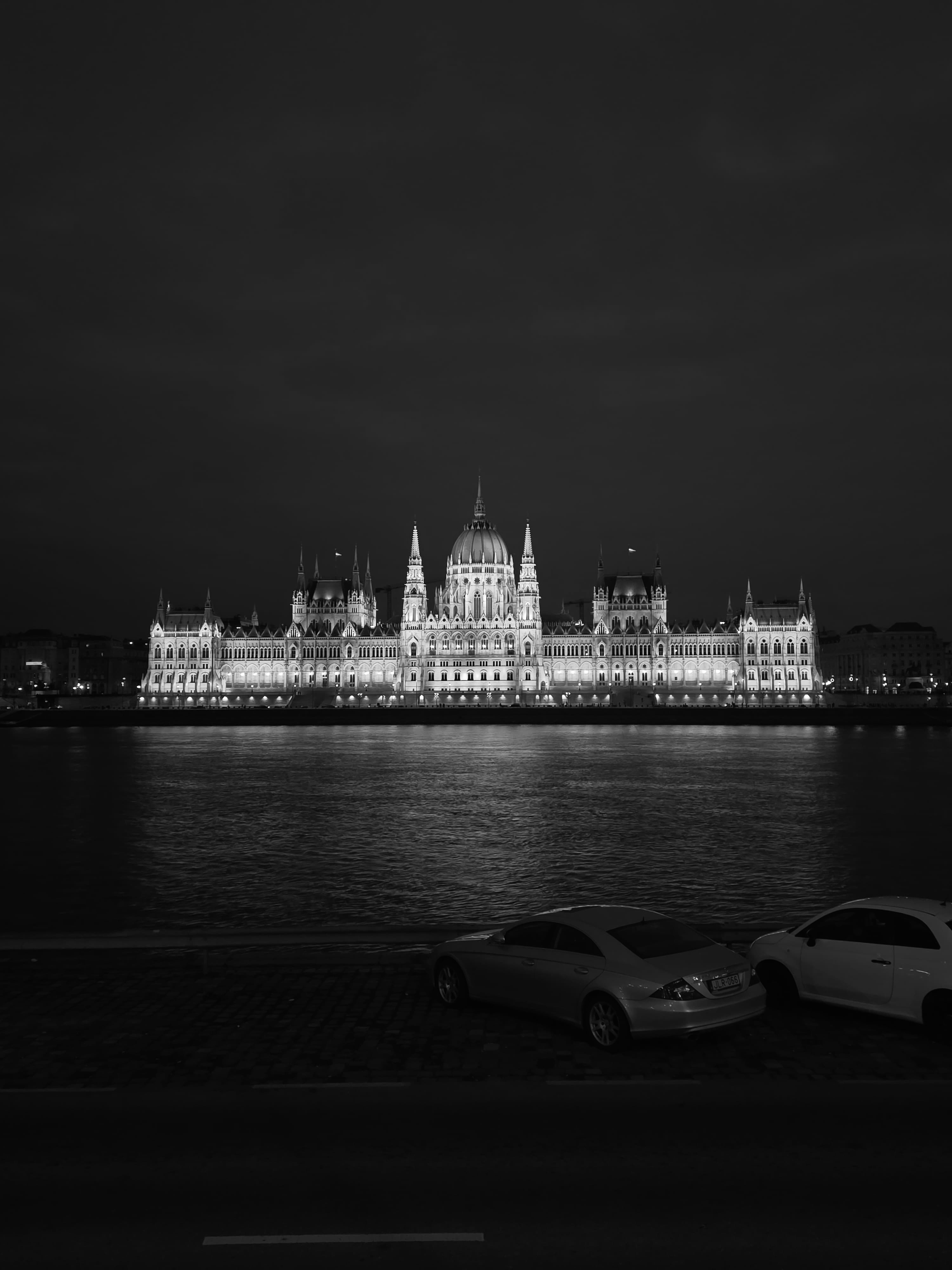 Parlement de Budapest illuminé la nuit, noir et blanc